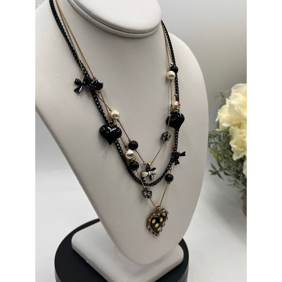 Betsey Johnson Triple Lip Kiss Pearl Polka Dot Heart Charm First‎ Date Necklace - Picture 3 of 12